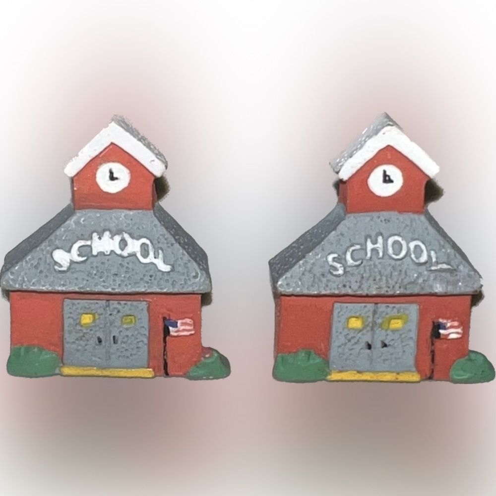 🔴School House Earrings Handmade Plastic Post Backs Teacher Novelty Craft Jewelry